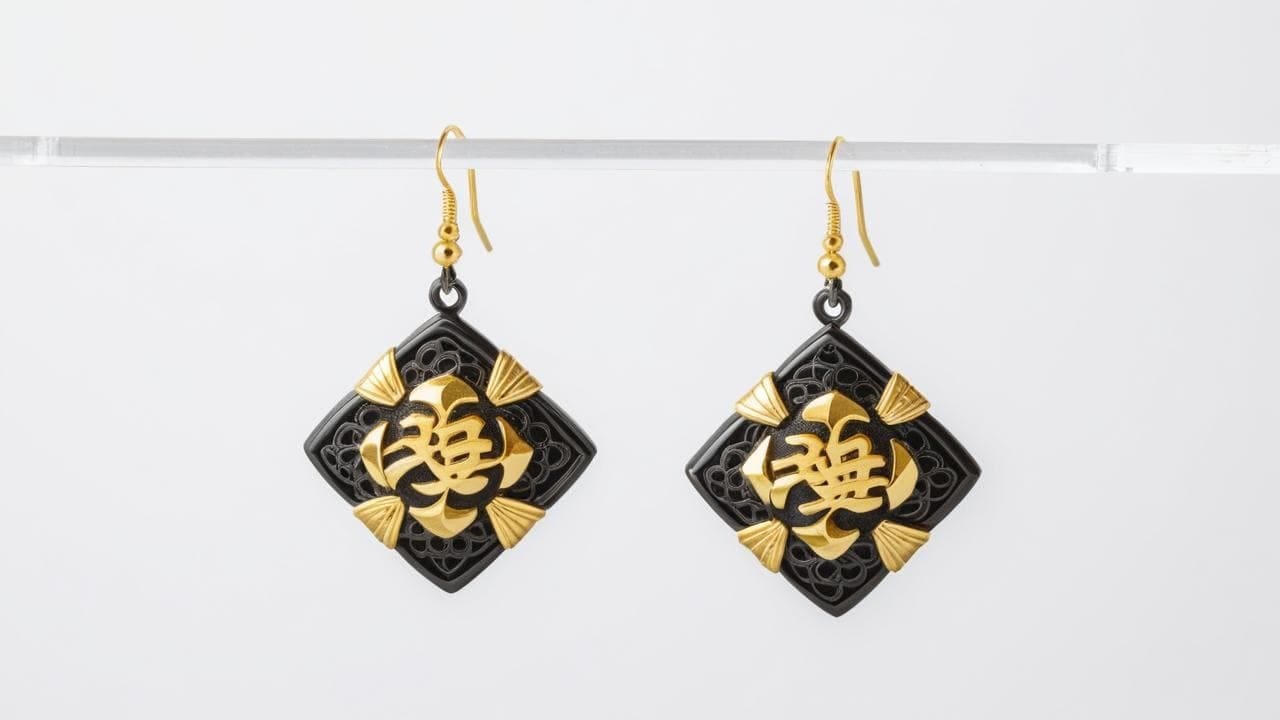 Diamond-shaped black shakudo earrings inlaid with gold kanji and fan motifs