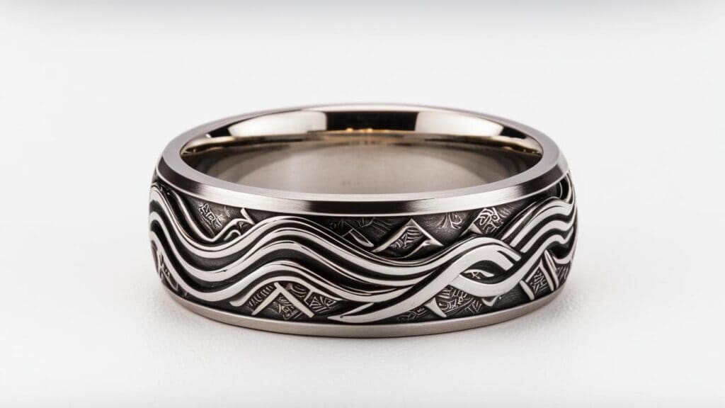 Shakudo mokume-gane ring showing traditional Japanese layered metal technique with contrasting dark and light patterns