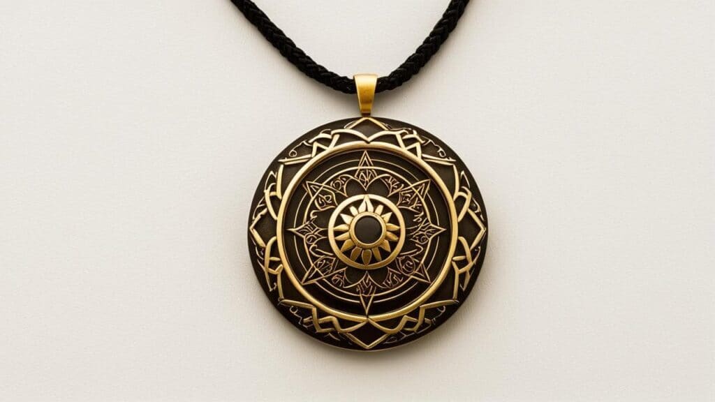 Shakudo pendant featuring intricate gold mandala inlay on traditional blue-black patinated Japanese metal alloy