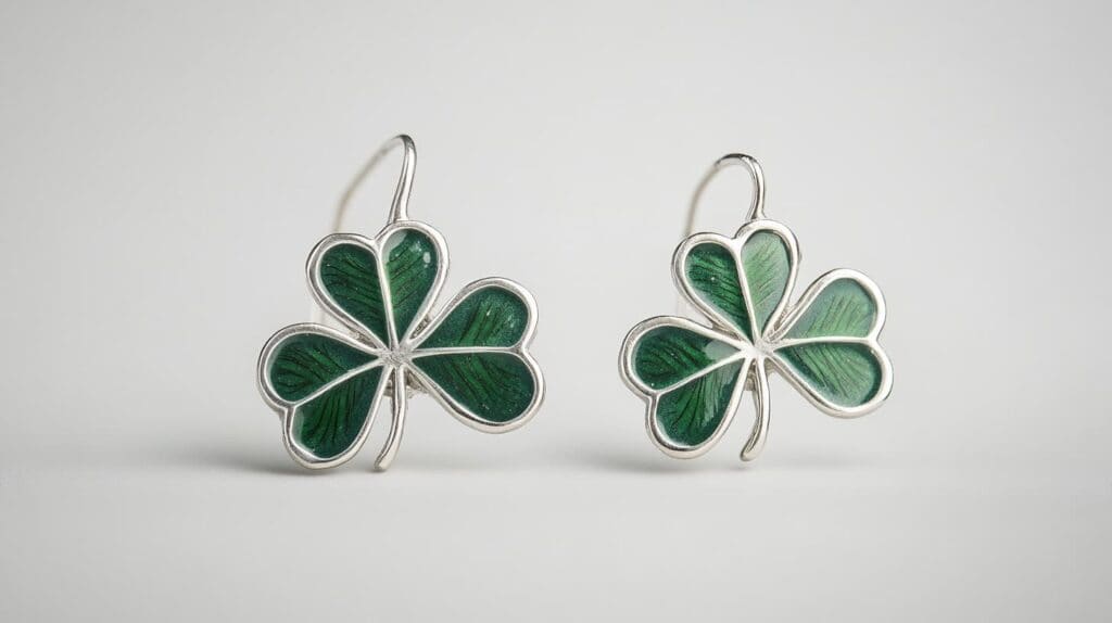Pair of silver shamrock dangle earrings with intricate green enamel design, representing Irish cultural symbolism and elegance.
