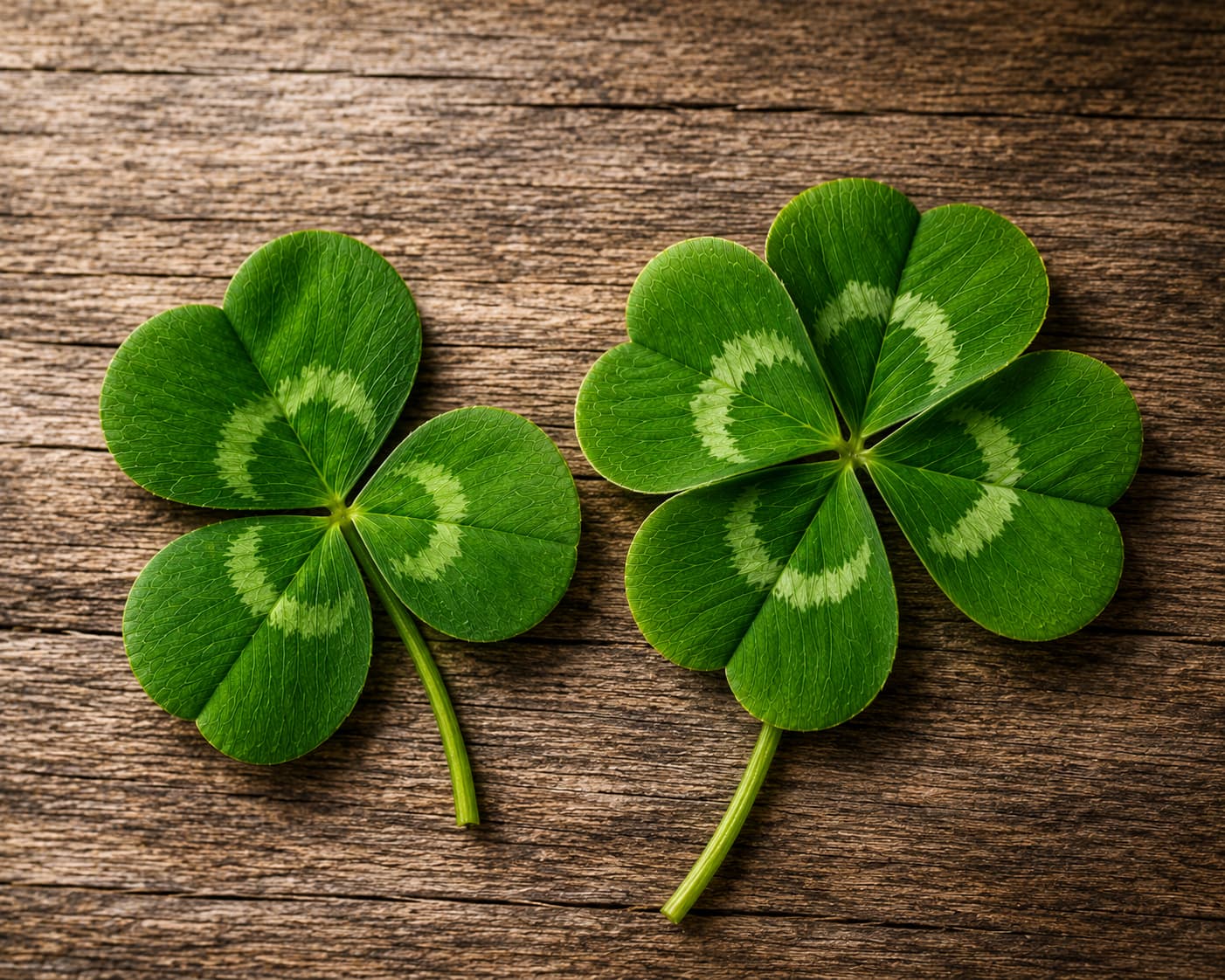 Shamrock and four-leaf clover placed side by side on a wooden surface for comparison