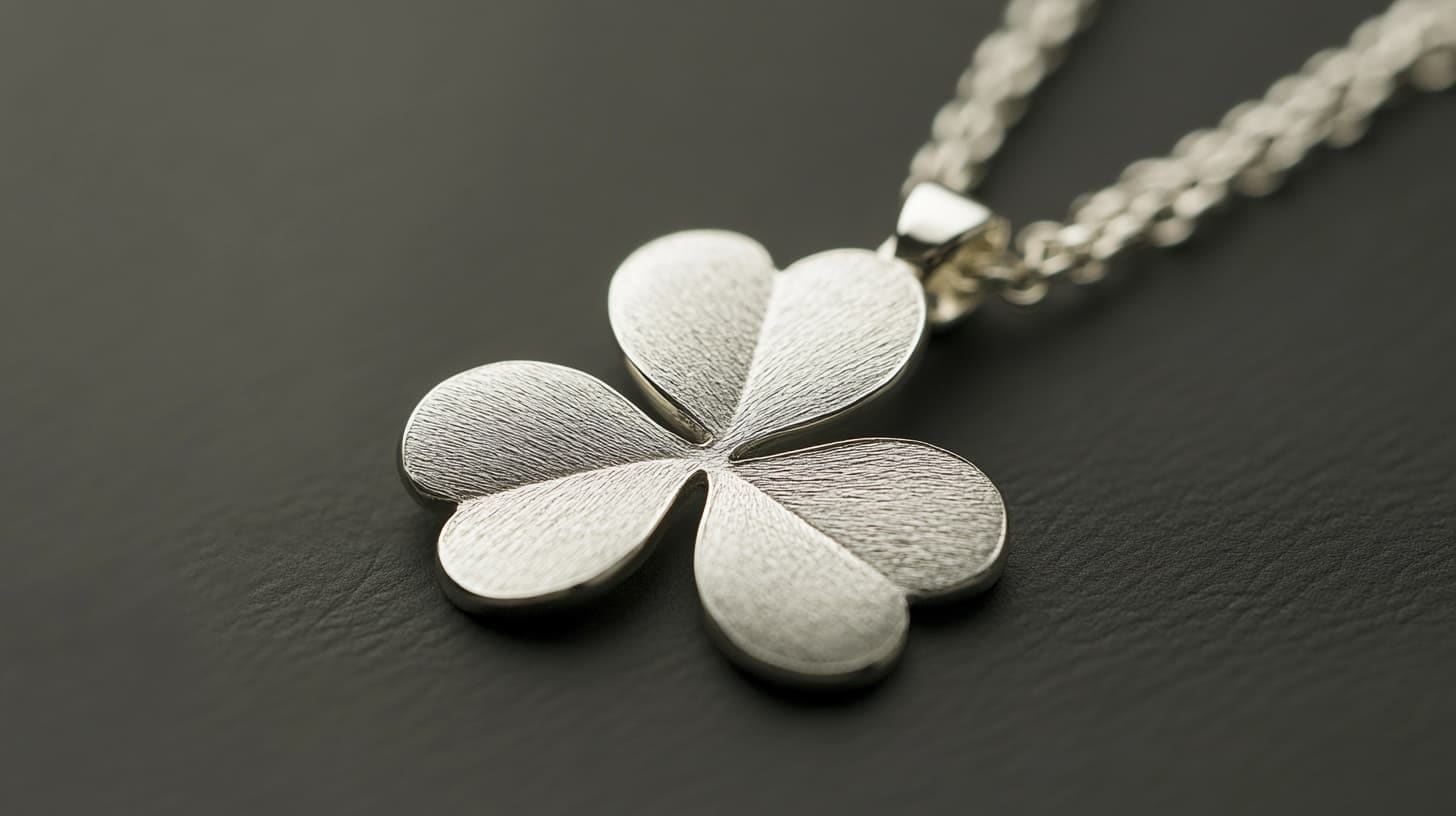Brushed silver four-leaf clover pendant on a chain against dark leather