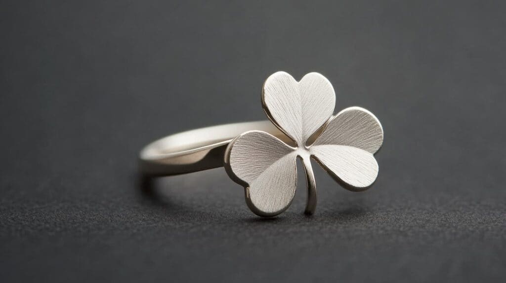 Stylish silver shamrock ring with a brushed texture finish, representing Irish cultural heritage and modern jewelry artistry.