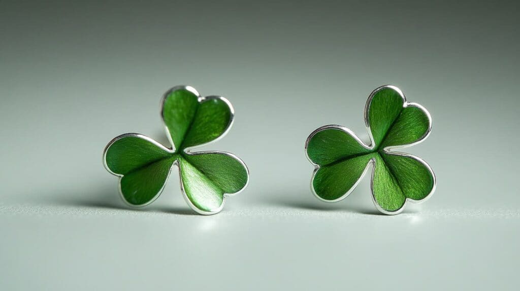 Close-up of silver shamrock stud earrings with vibrant green enamel, symbolizing Irish heritage and traditional craftsmanship.