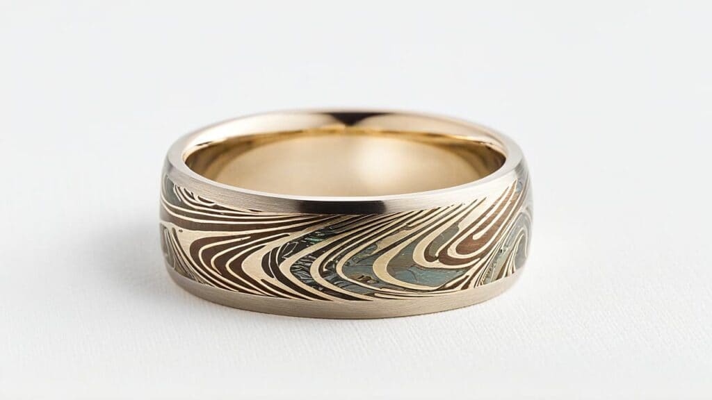 Shibuichi mokume gane wedding ring showing traditional Japanese wood grain patterns in gray and gold metal layers
