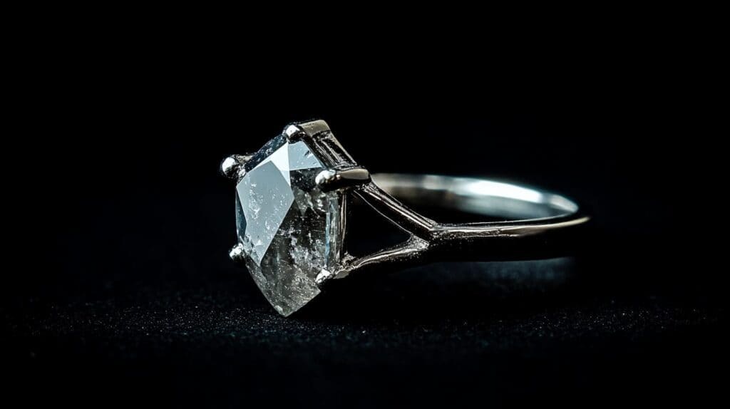 A unique shield cut diamond engagement ring set in a delicate silver band, highlighting the stone’s raw and natural inclusions.