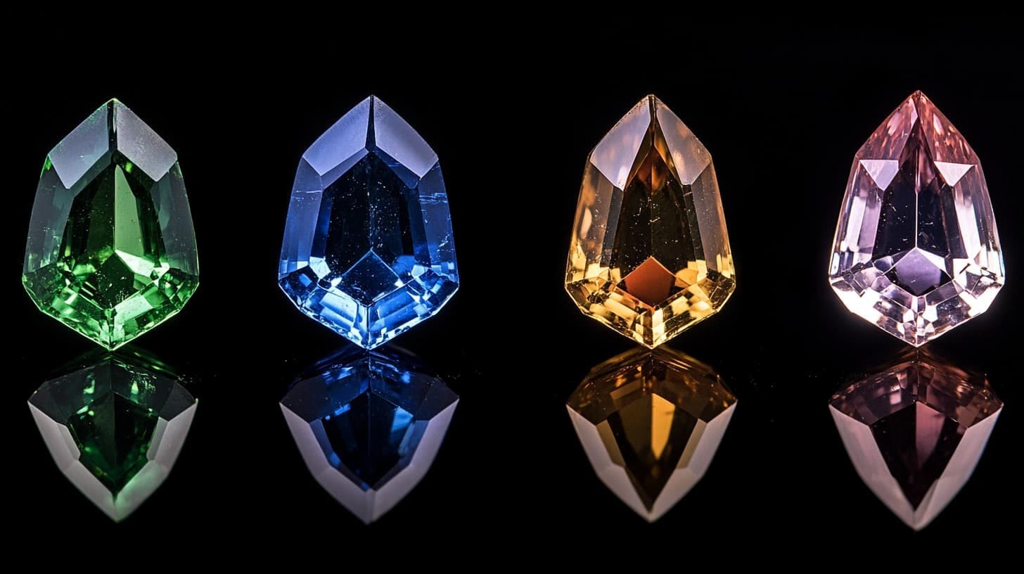 Four shield-cut gemstones in green, blue, yellow and pink reflected on black