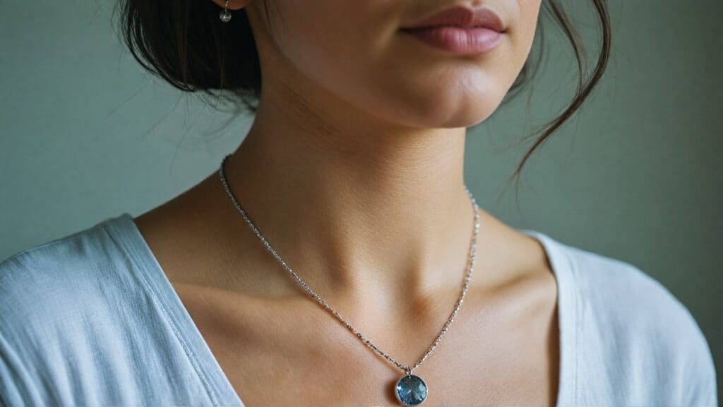 Woman wearing short silver pendant necklace that sits too high on neck, demonstrating need for necklace extension