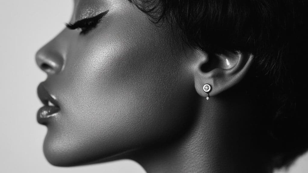 Side profile of a woman wearing a diamond stud earring with a minimalist drop detail, emphasizing the elegance and comfort of well-fitted earring posts.