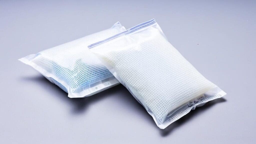 Two white silica gel desiccant packets used for removing moisture from water damaged watches, showing the recommended DIY drying method