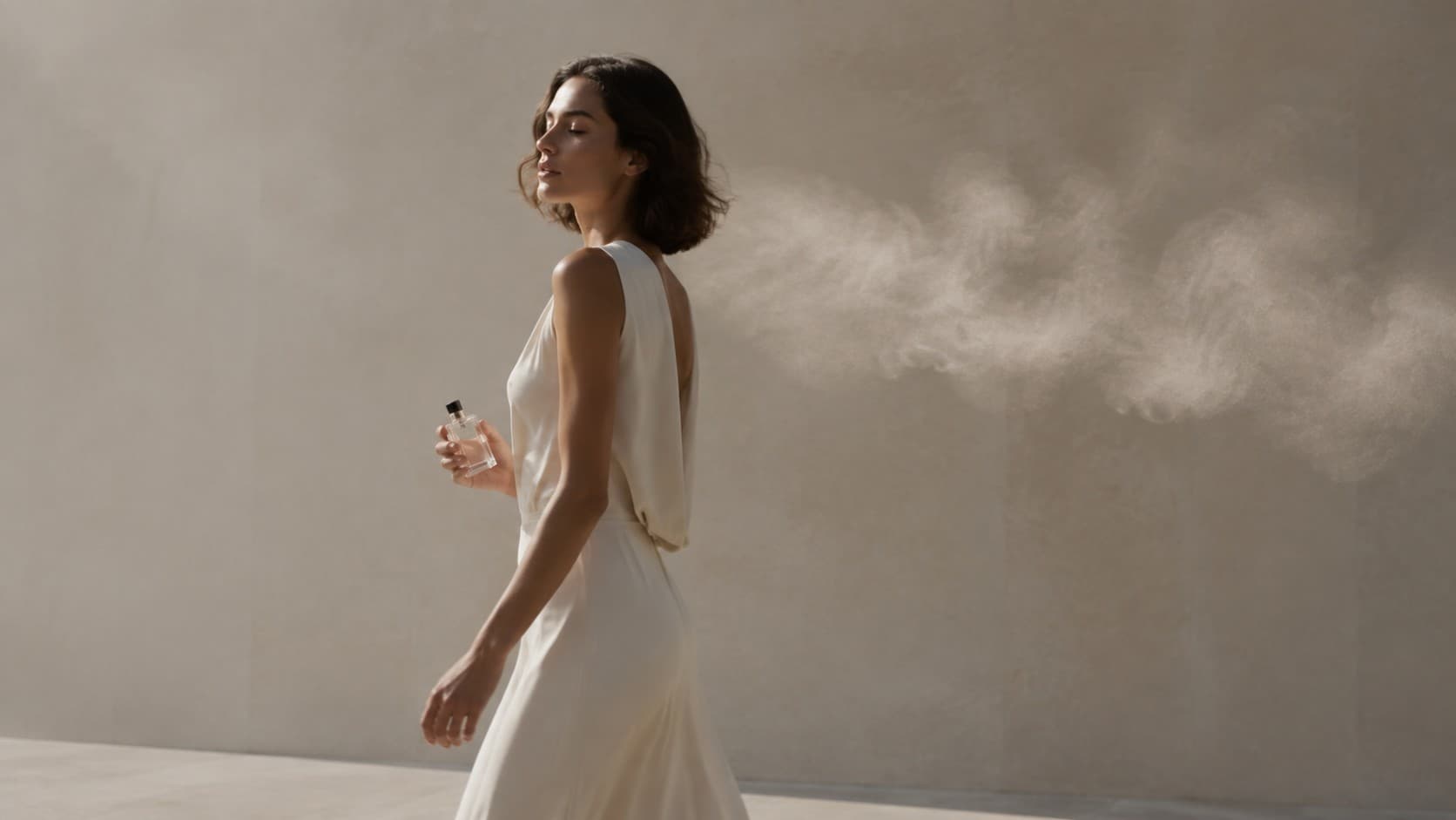 Woman in a white dress spraying perfume with a visible scent trail drifting behind her