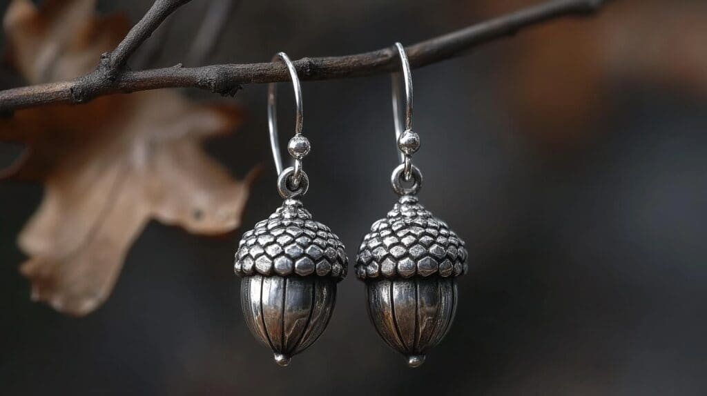 Pair of silver acorn earrings hanging from a branch, symbolizing protection and good luck.