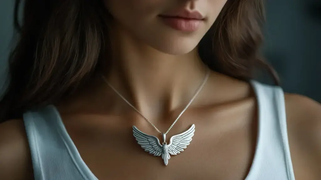 A close-up of a silver angel wing necklace worn on a woman's neck, symbolizing freedom, protection, and spiritual connection.