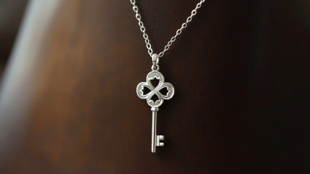 Silver antique key pendant necklace symbolizing opportunity and unlocking new possibilities.