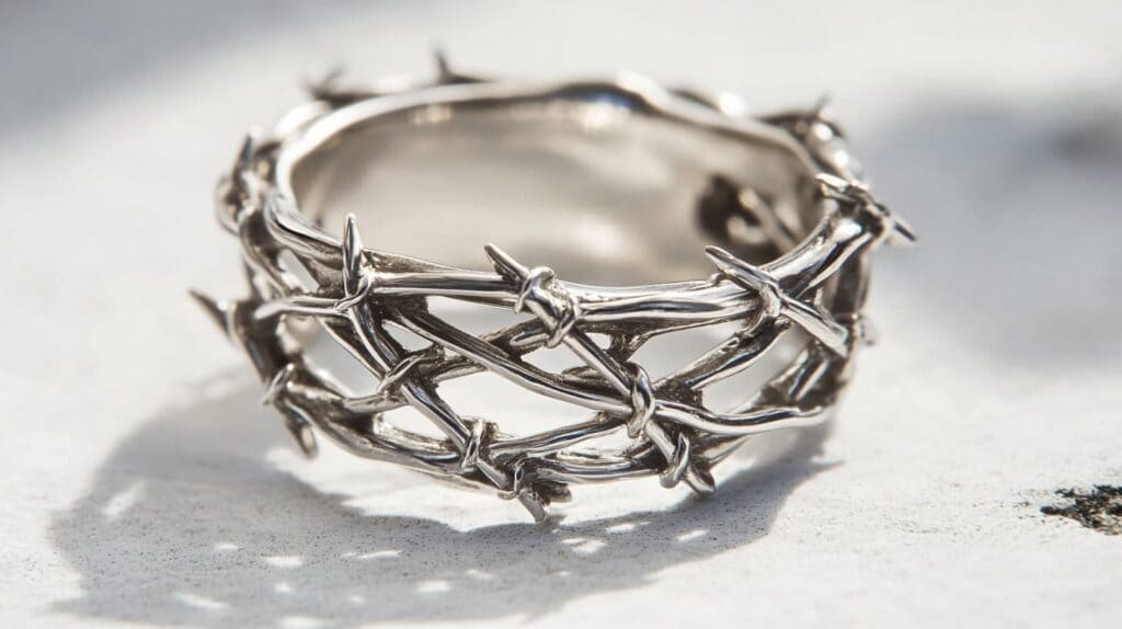 A detailed silver barbed wire ring with layered twists and barbs, representing strength, boundaries, and artistic craftsmanship.