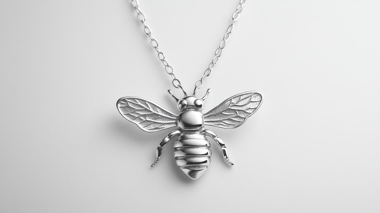 Polished silver bee pendant with detailed wings on a silver chain
