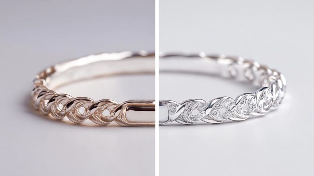Detailed comparison of a silver bracelet showing tarnished versus cleaned results achieved with ionic cleaning technology.