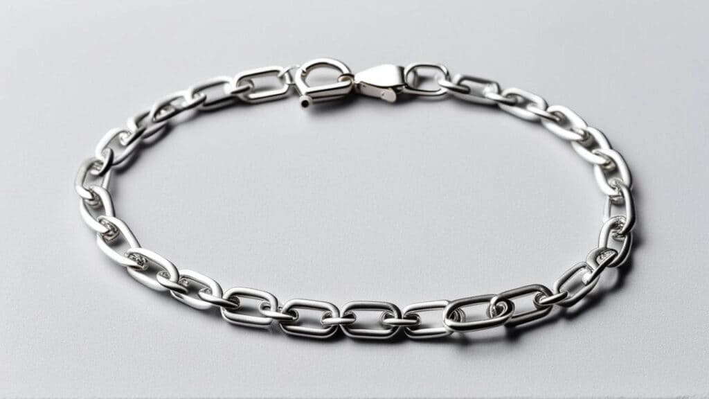 Close-up of a silver chain bracelet with a lobster clasp, showcasing a secure and practical jewelry fastening option.