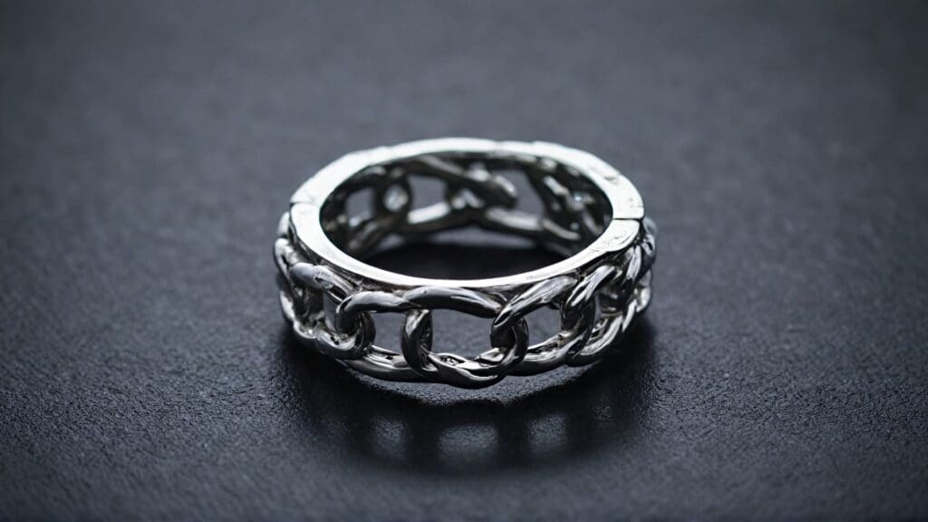 A silver divorce ring with a chain-link design, symbolizing breaking free from the past and embracing independence after divorce.