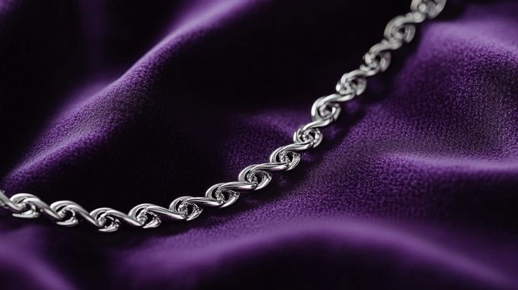 Close-up of a silver chain necklace displayed on elegant purple fabric, highlighting the intricate twisted link design.