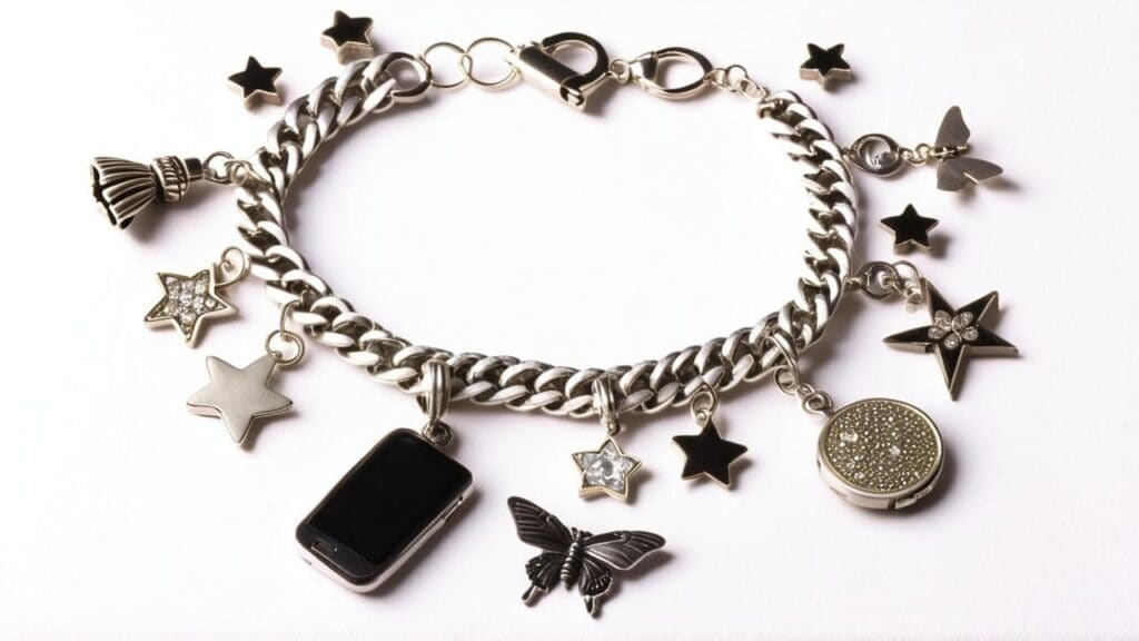 Silver chain charm bracelet with dangling star charms, butterfly, and cell phone pendant, classic 2000s accessory
