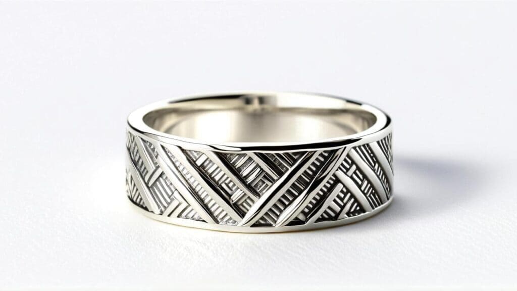 Stylish silver ring with a detailed chasing technique, featuring an engraved geometric pattern for a modern yet classic look.