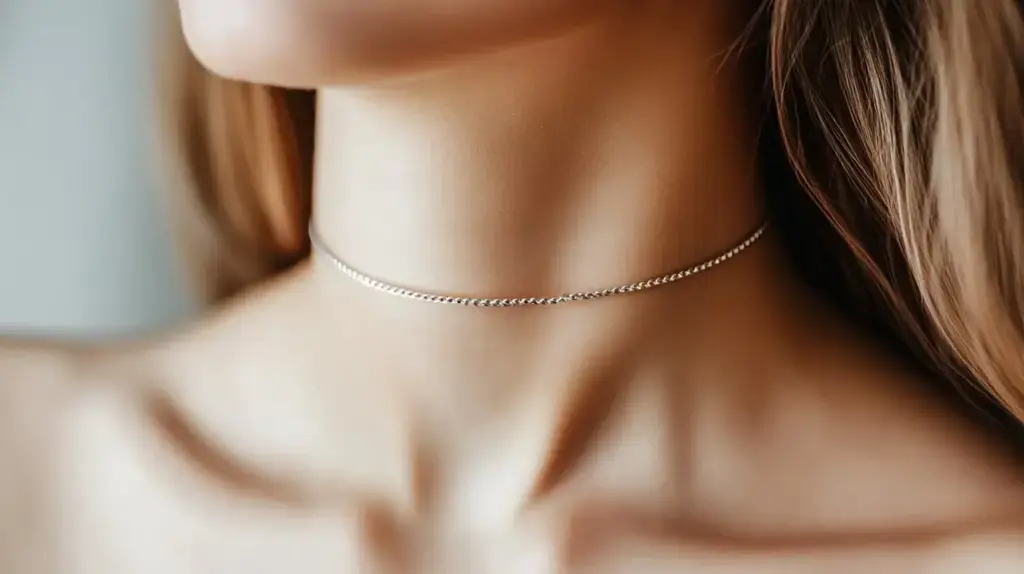 Close-up of a woman wearing a minimalist silver choker necklace, offering a sleek and modern jewelry look.