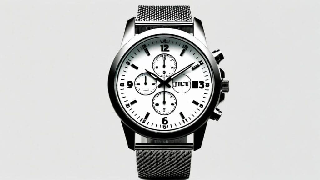 Silver chronograph watch with mesh metal bracelet showing multiple complications that can be affected by magnetic interference