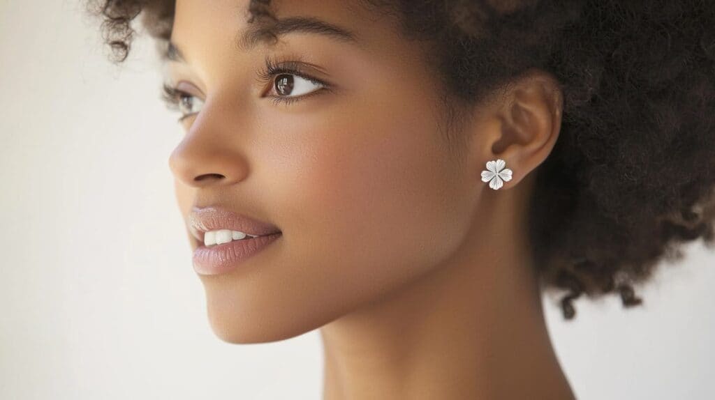 Woman wearing silver clover-shaped earrings, symbolizing elegance and good fortune.