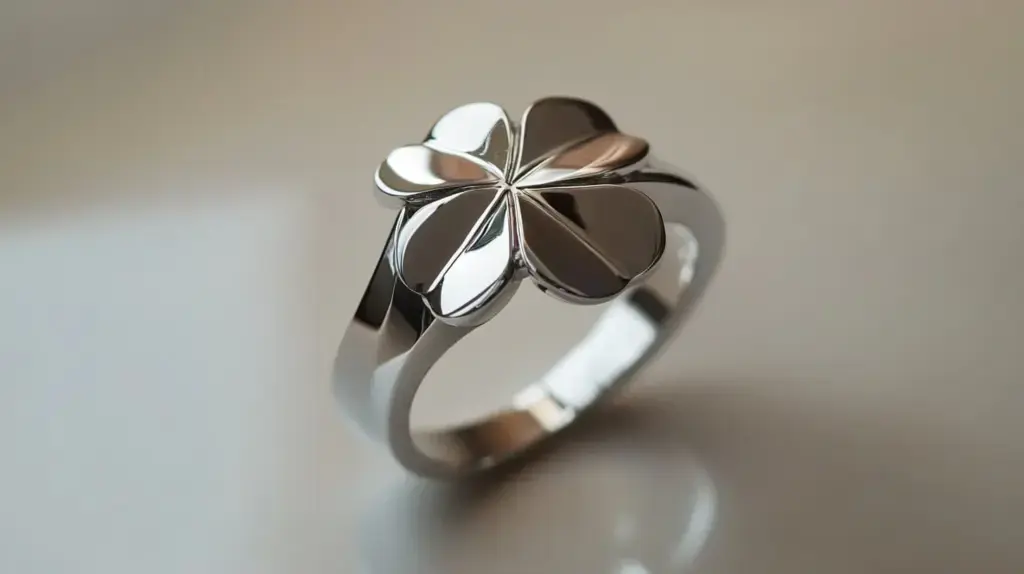 Silver clover ring with a modern design, symbolizing good fortune.