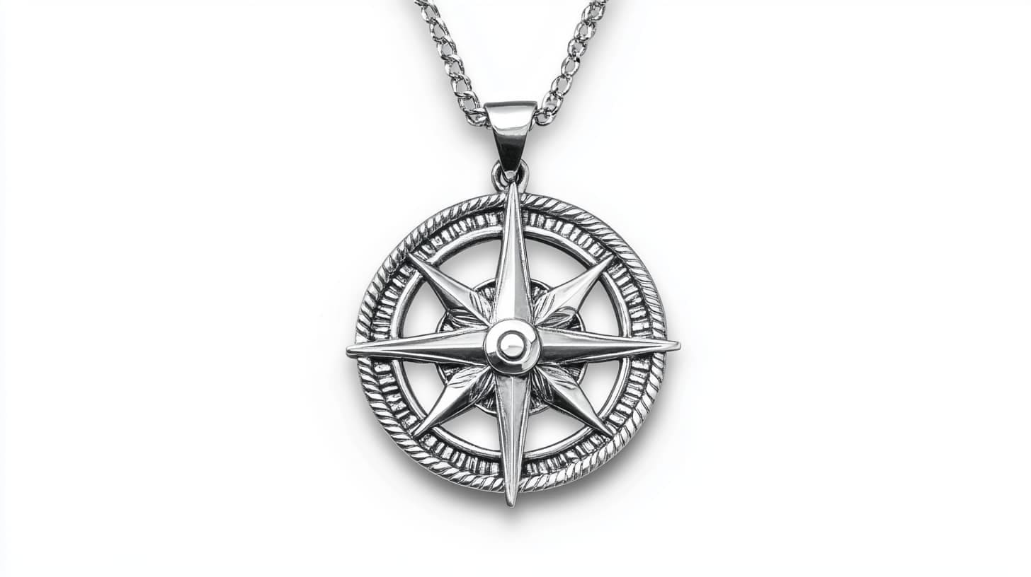 Silver compass rose pendant with rope-edged border on a curb chain