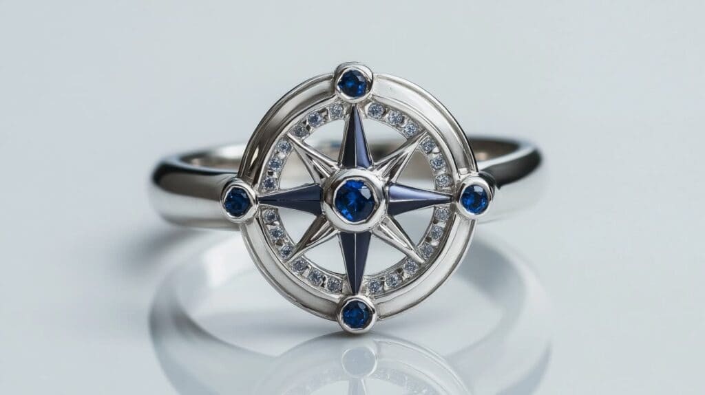 A silver compass ring adorned with blue sapphires and diamonds, blending elegance with the symbolic meaning of navigation and purpose.