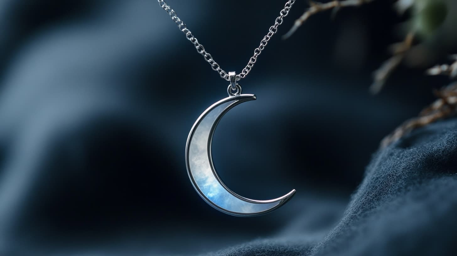 Silver crescent moon pendant with pearly inlay on a chain against dark blue