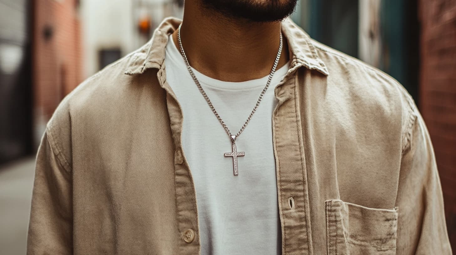 Man wearing a silver curb chain with a cross pendant over a white tee and beige overshirt