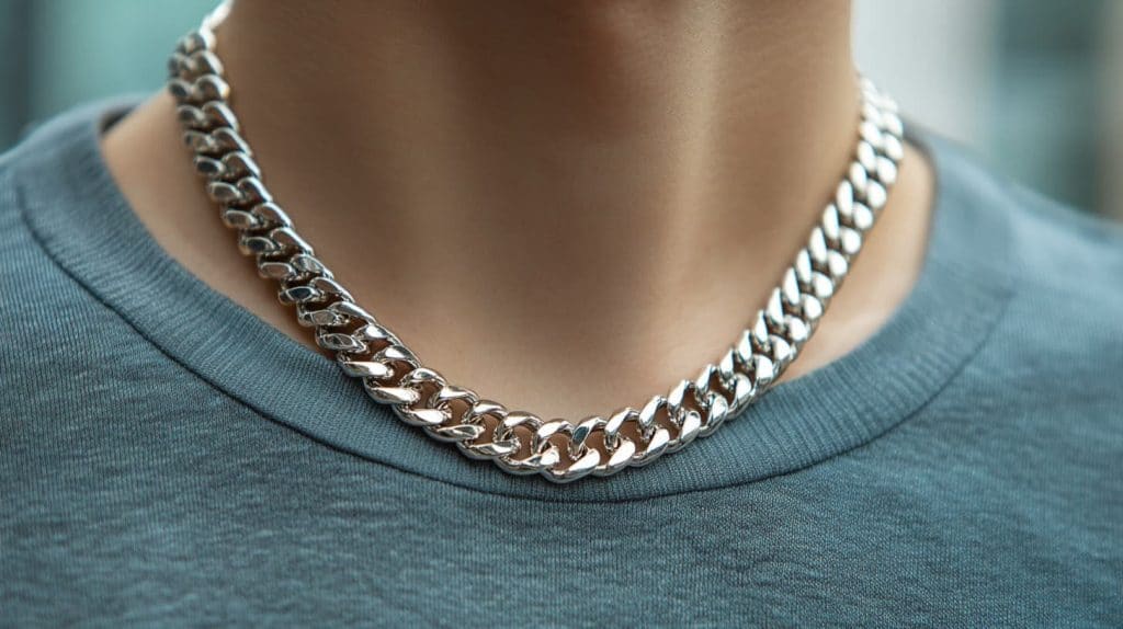 Close-up of a silver Cuban link chain necklace worn by a person in a blue shirt, showcasing the chain's polished finish and bold design.