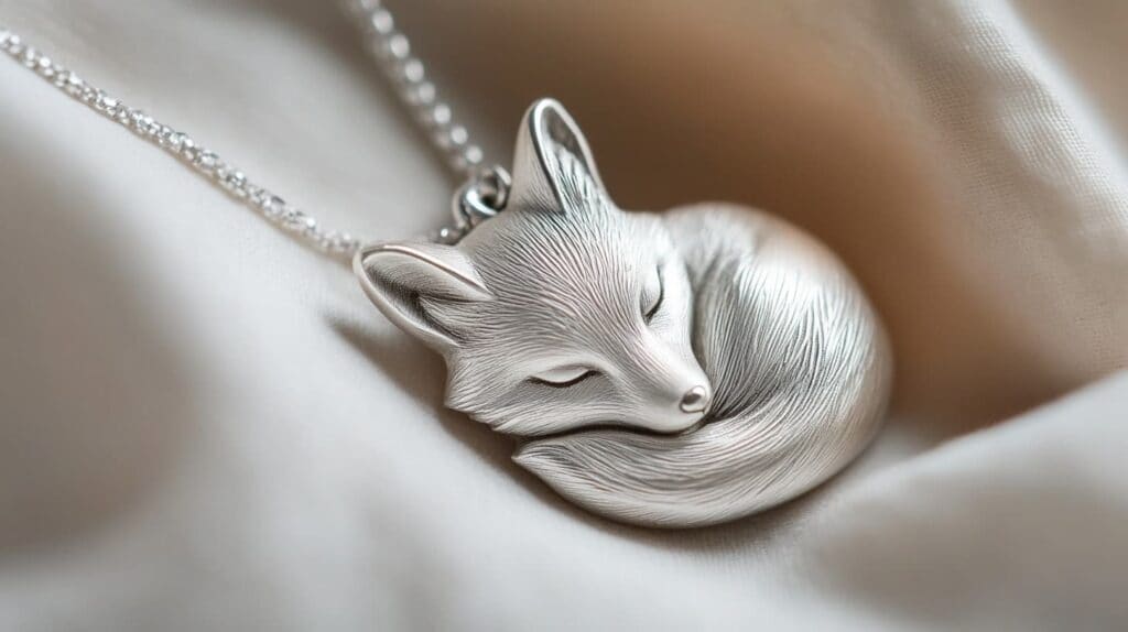 A silver fox pendant in a curled position, showcasing minimalist detailing, symbolizing rest, intuition, and spiritual wisdom, placed on soft fabric.