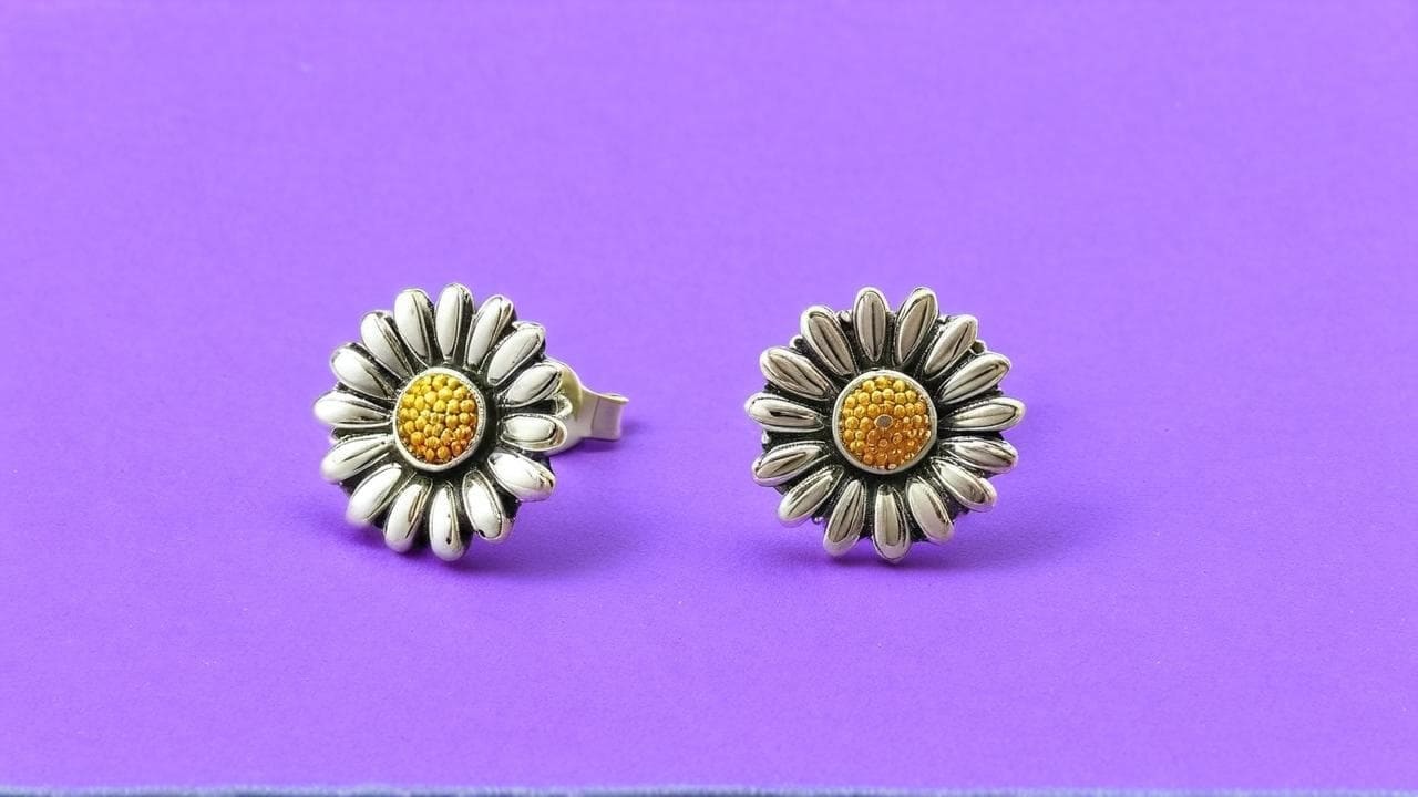 Pair of silver daisy stud earrings with granulated yellow centers on purple