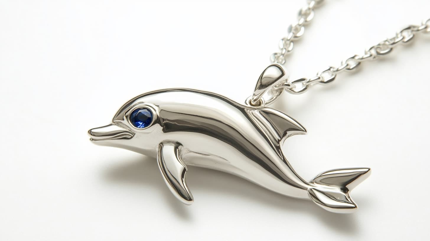 Polished silver dolphin pendant with sapphire blue eye on a silver chain