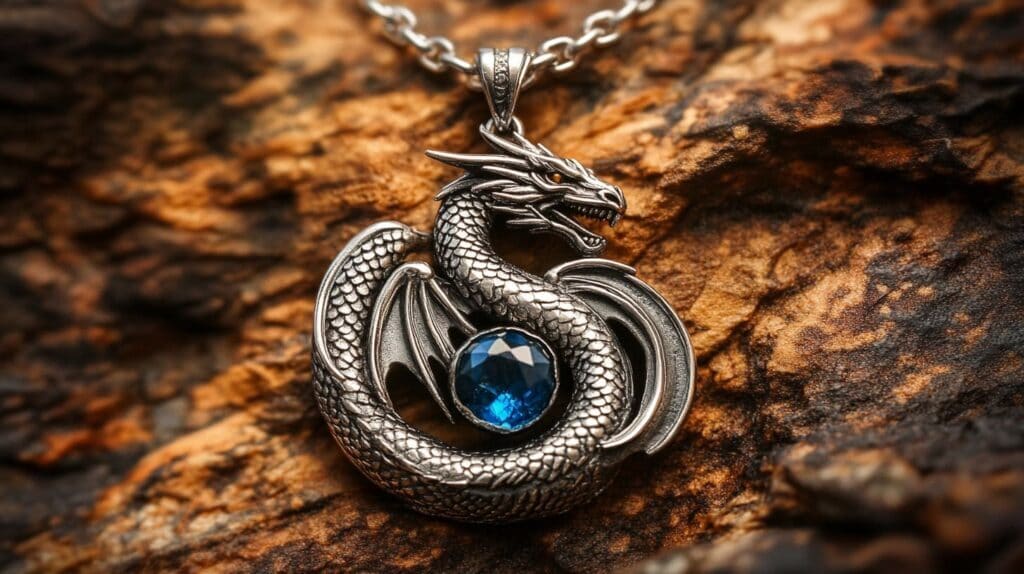 Detailed silver dragon pendant featuring coiled dragon scales and a radiant blue gemstone centerpiece, symbolizing wisdom and protection.
