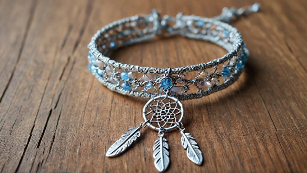 Close-up of a silver dreamcatcher bracelet adorned with blue gemstones and delicate feather charms, placed on a wooden surface.