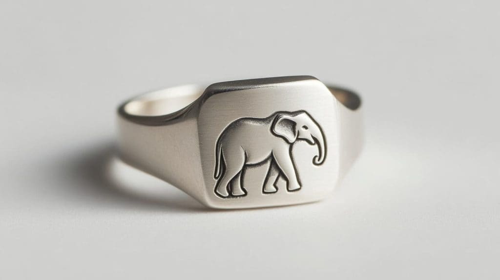 A silver ring with an engraved walking elephant design, representing strength, wisdom, and protection in traditional jewelry symbolism.