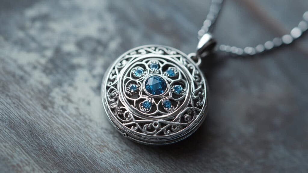Silver enhancer pendant featuring intricate blue gemstone details, placed on a rustic wooden surface.