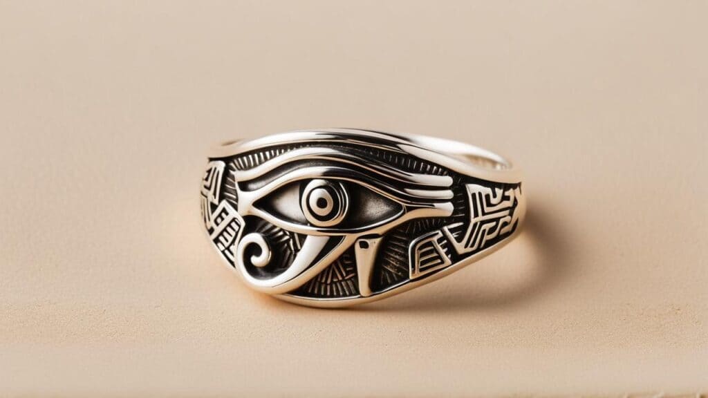 Sterling silver Eye of Ra ring with intricate carvings representing ancient Egyptian protection and feminine power