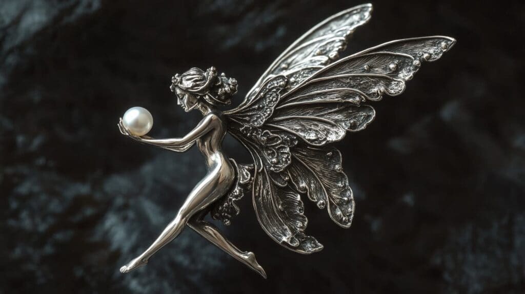 Silver fairy brooch with detailed wings holding a pearl, showcasing intricate metalwork against a dark background.