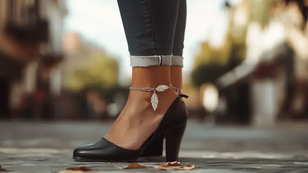 Silver feather anklet with a delicate chain, showcasing a boho-chic style perfect for casual wear.
