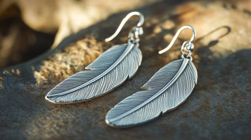 Pair of silver feather earrings with intricate detailing, symbolizing freedom and spiritual connection.
