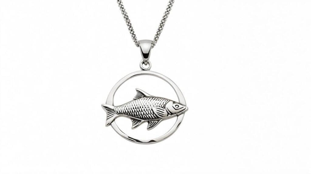 A silver fish pendant necklace featuring a detailed fish within a circular frame, hanging from a silver chain.