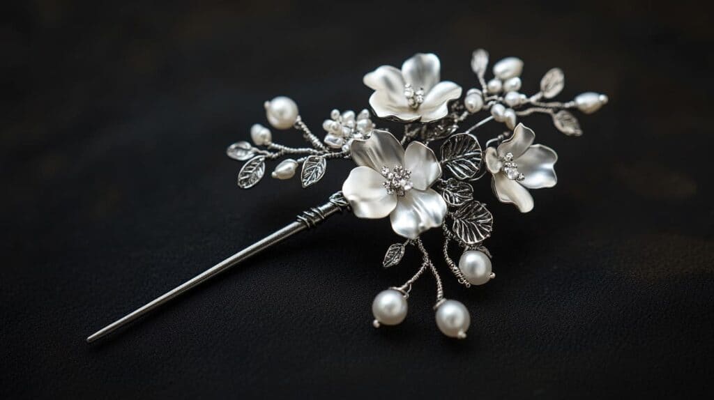 Elegant silver floral wedding hairpin adorned with pearls and intricate leaf details, displayed on a dark background.