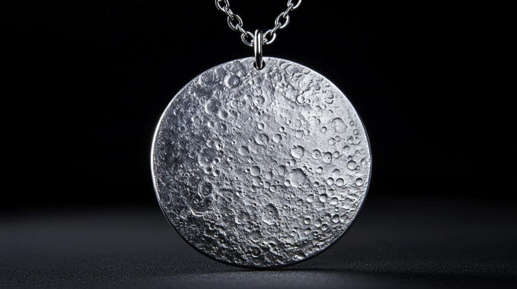 Silver pendant with detailed lunar surface texture, designed to resemble the full moon, hanging from a chain against a dark backdrop.