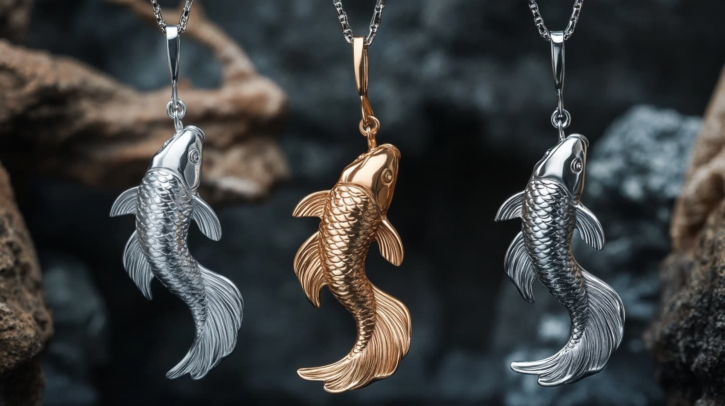 Three koi fish pendants in silver, rose gold and dark silver on chains